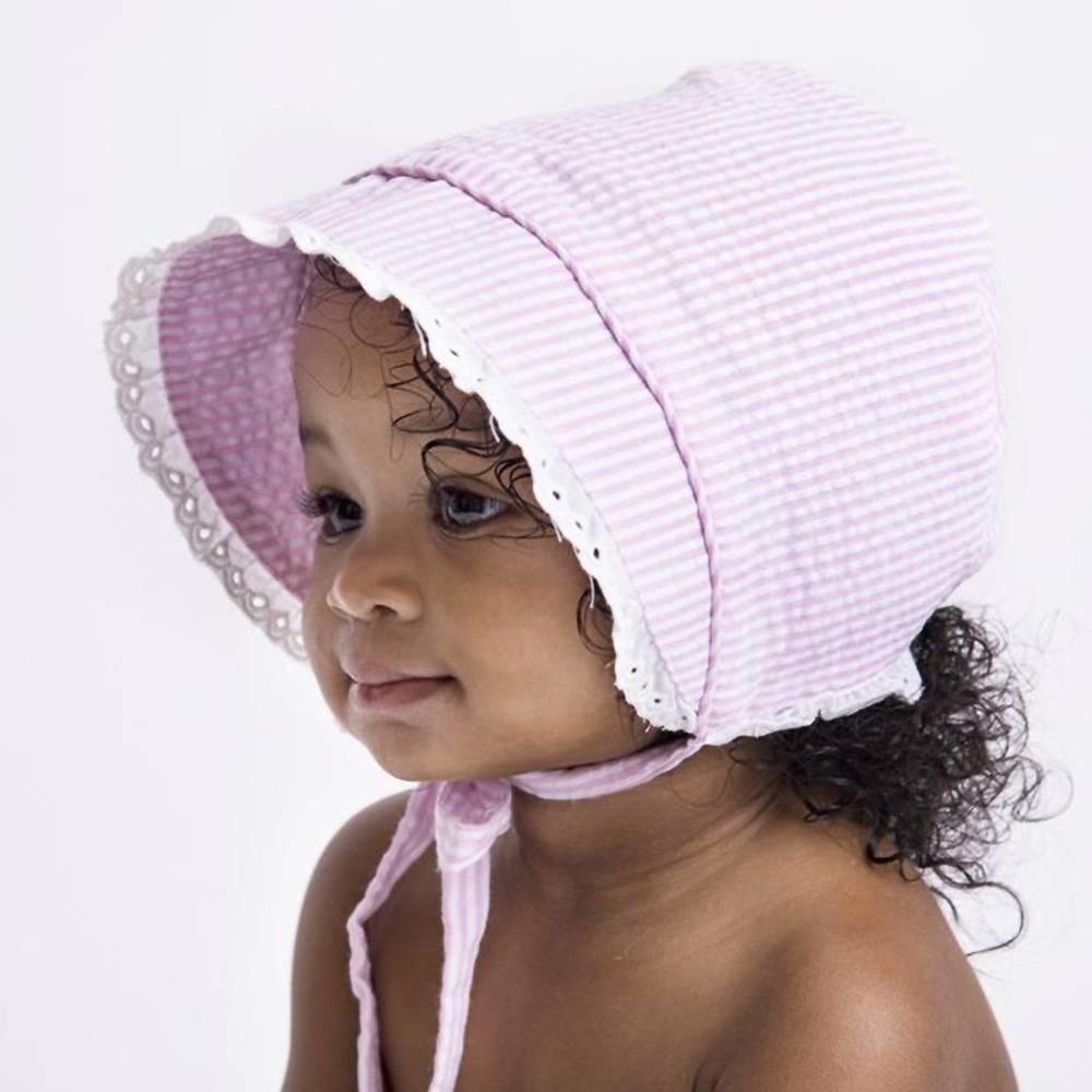 NEW HUGGALUGS baby girls seersucker sunbonnet in pink/white